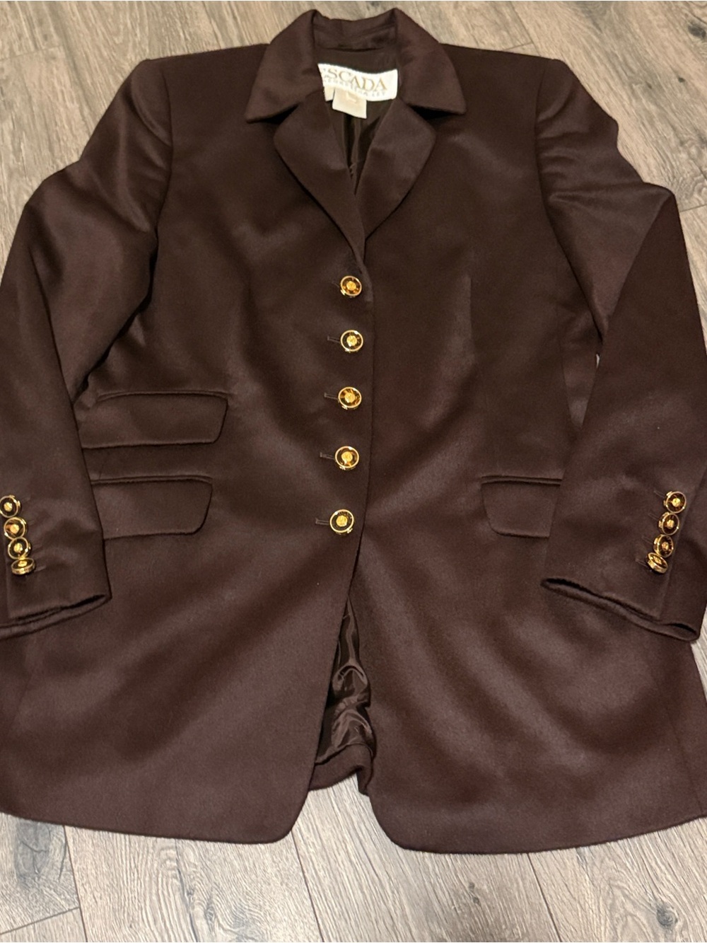 Escada Chocolate Brown Satin Blazer with Gold Buttons